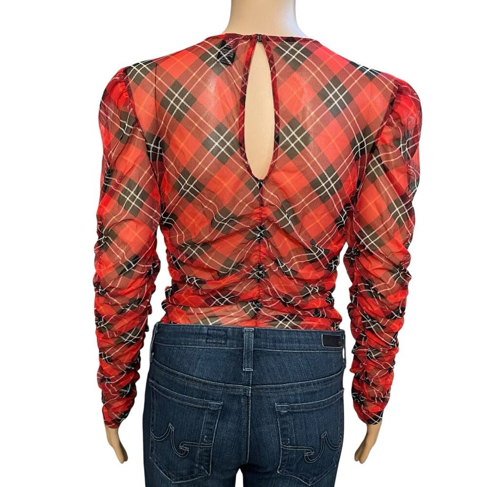 Victorias Secret Sheer Tartan Plaid Mesh Bodysuit Medium Ruched Long Sleeve Red - Picture 4 of 9